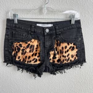 Joyrich Denim Shorts Women's 27 Black Leopard Animal Print Cut Off Mid Rise
